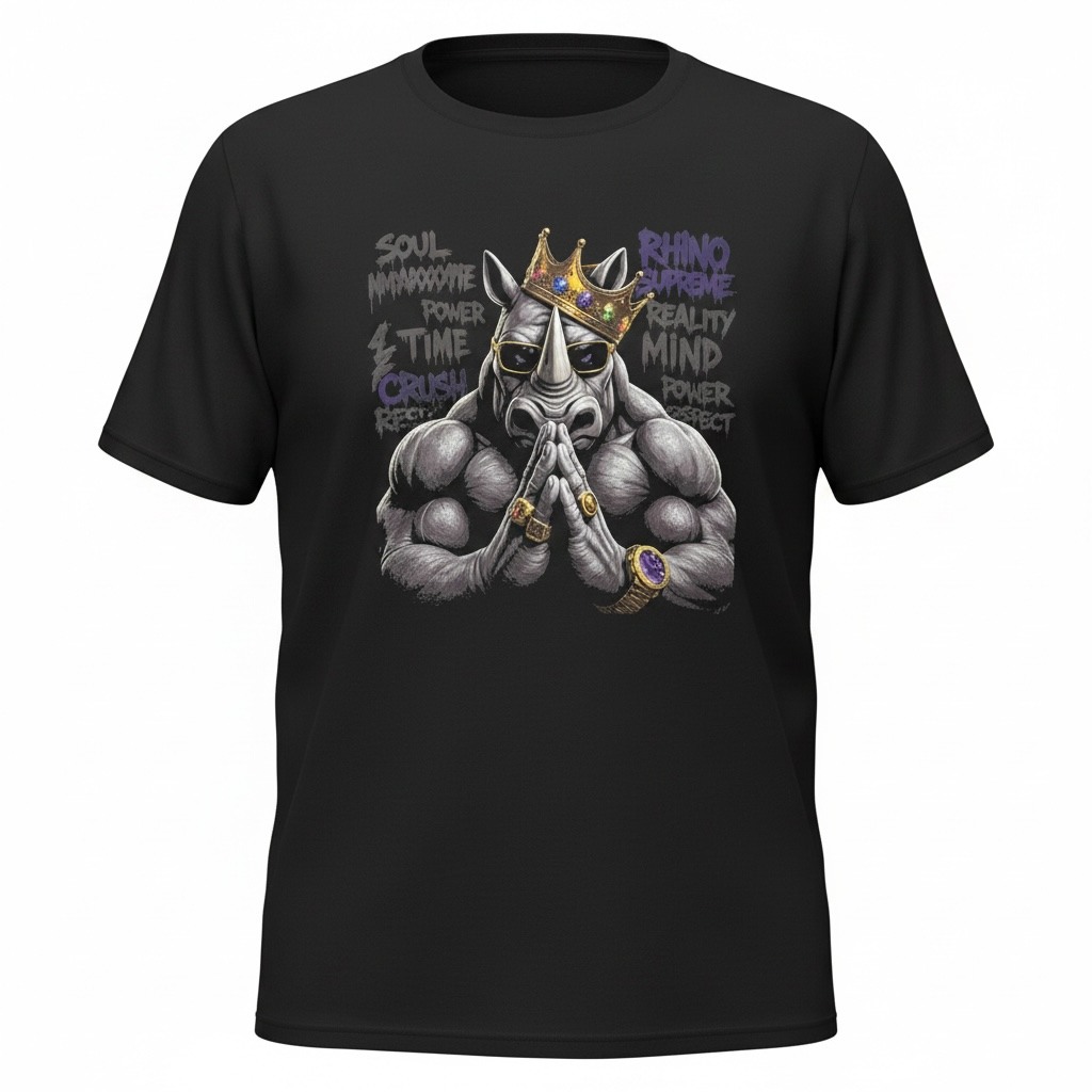 Rhino's Reef Heavy Is The Crown Tee with Rhino Supreme and infinity crown artwork